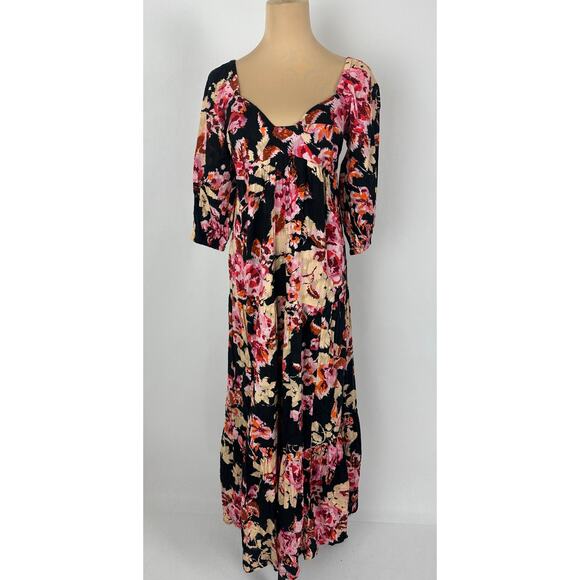 Anthropologie Size XS S Blossom Black Floral Maxi Dress Puff sleeves Smocked - Picture 3 of 13